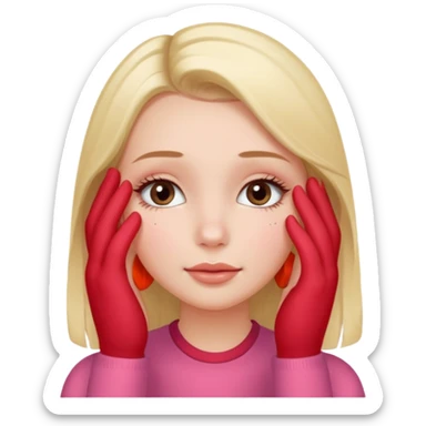 only one Girl , ( no boy ) touching his face with his own both hand, and smoothly rubbing the face sticker