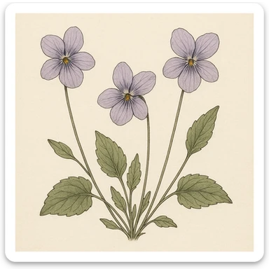 three violets, simple and elegant, botanical illustration style sticker