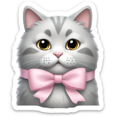fluffy light gray fat cat with pale pink bow sticker
