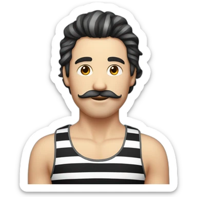 long hair male with moustache and striped tank top with black and red lines sticker