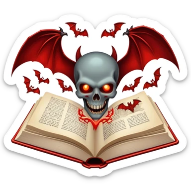 Icon for Horror & Mystery Reading: an open book with eerie glowing symbols, from which rise vampire Dracula with fangs, flying bats, a zombie hands, skulls. Surrounding elements. Transparent background. sticker