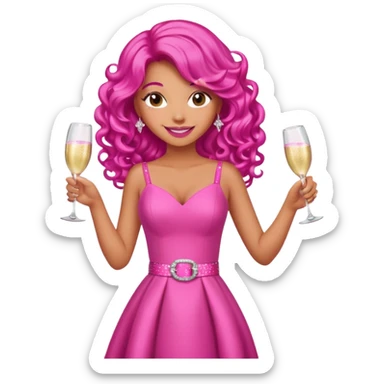 One lady with long hot pink curled hair and tan skin wearing a pink dress with sparkly belt holding a glass of pink champagne in each hand smiling cheerfully  sticker
