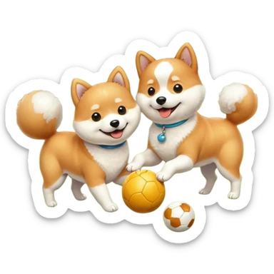 2 dogs, one ginger shiba inu et one white bichon, playing with a ball in a sunny garden sticker