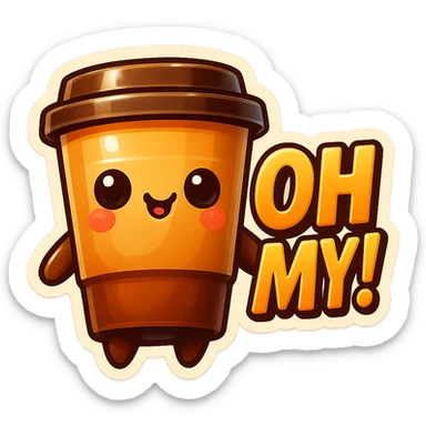 Tall coffee cup, mischievous smirk, looking sideways, big "Oh My!" sticker