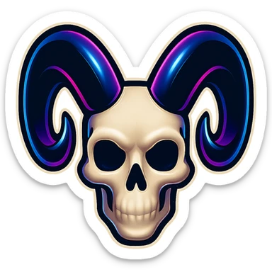 Edit the human skull emoji art style from the reference image to have horns that are twice as big as before. The horns should be very large, dramatic, and glossy black, matching the retro stickers style with a transparent background. sticker