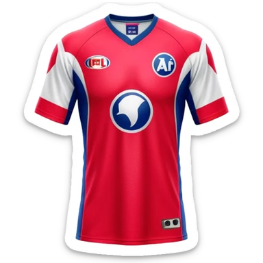 Cinematic Realistic image of an AFL jersey rendered in vibrant team colors with detailed fabric textures and dynamic creases, illuminated by bold, stadium lighting that accentuates its sporty character sticker