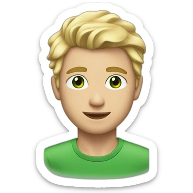 blonde twenty year old guy with side part brow-length wavy hair but buzzed on sides and back and green eyes sticker