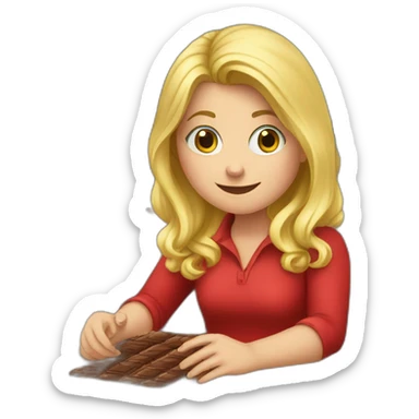 Girl, blonde hair, wearing red shirt, sitting at a wood desk, wrapping chocolate candies sticker