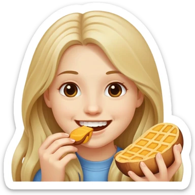 smiling girl with long hair eating  sticker
