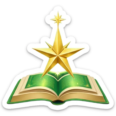 A **green, opened glowing book** with **golden edges**, floating with **sparkles and magical wisps** around it. The cover features a **golden starburst sigil**, symbolizing charm and radiance. ✨📖 sticker