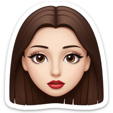 Una chica con piel muy clarita con pleo liso largo de color castaño y unos ojos marrones oscuro y labios grandes y nariz bonita y con unas pestsñas y maquillada sticker