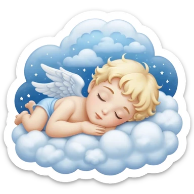 "A sleeping cherub angel in soft blue hues, surrounded by clouds and dreamy celestial elements."
 sticker