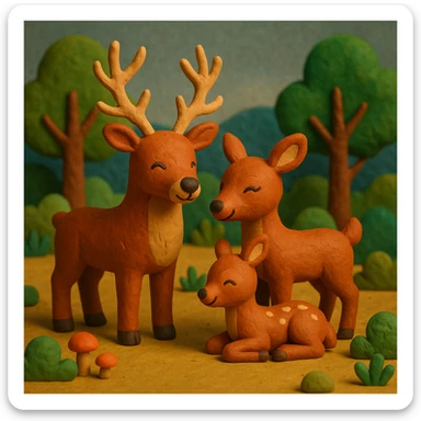 deer family in a woodland clearing, vibrant colors, cheerful and cozy, claymation style sticker