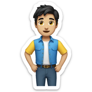 emoji of a boy with full black hair, white, brown eyes wearing a blue shirt with yellow sleeves sticker