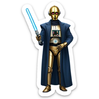 undercover tough well-equipped jedi first order life-sized darkblue-pearl C3po as a friendly bounty hunter droid wearing a leather clothing old west duster coat holding light saber sticker