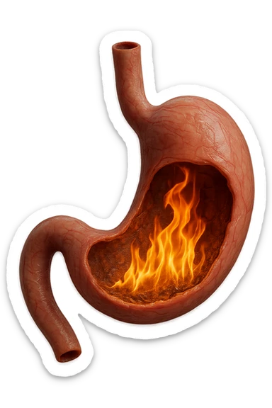 stomaco umano anatomico  con fiamma che brucia all'interno, iperrealistico 4k sticker