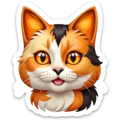 Cinematic Comical Calico Cat Portrait Emoji, Head tilted dramatically with an exaggeratedly surprised expression, showcasing a vibrant patchwork fur of orange, black, and white with wide, comically expressive eyes, simplified yet hilariously detailed, glowing with a sassy, golden radiance, high shine, exuding playful mischief and cheeky feline attitude, styled with a soft glowing outline, capturing the essence of a calico cat that looks ready to leap off the screen with mischievous flair! sticker