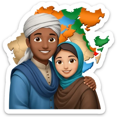 An emotional artistic illustration of an Indian man and an Afghan hijabi girl standing on the maps of India and Afghanistan, symbolically embracing despite the distance, showing love beyond borders. sticker