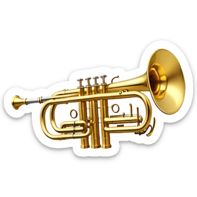 Create a professional and polished emoji representing the Brahner trumpet. The design should showcase the shiny brass body of the trumpet, with its distinct valves and bell. Highlight the smooth curves of the tubing and the elegant flared bell at the end. The valves should be visible with their metal buttons, and the mouthpiece should be positioned at the top of the instrument. Use bright gold and brass tones with reflective light effects to emphasize the trumpet’s polished, high-quality finish. Add subtle musical notes around the trumpet to evoke its bright, bold sound. The background should be transparent. sticker