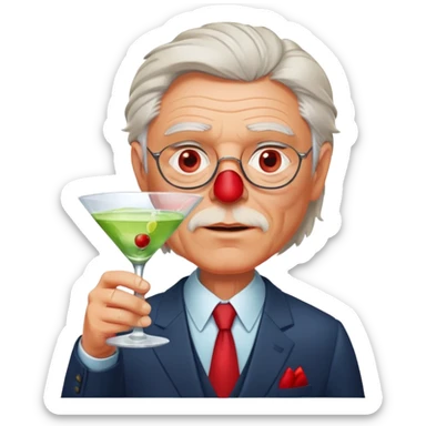 older businessman with red face holding martini glass, disheveled appearance sticker