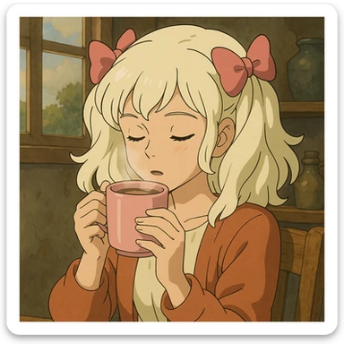 platinum blonde woman with pink bows in hair drinking hot chocolate from a pink mug, ghibli style sticker