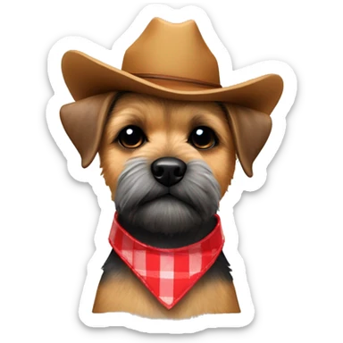 Border terrier with red checked collar and cowboy hat sticker