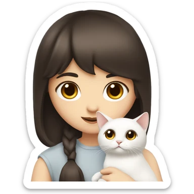 A pale girl with dark brown hair and dark brown eyes and bangs holds a white cat in her hands sticker
