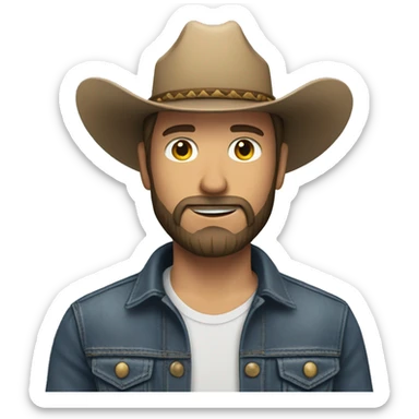 A white man using a cowboy hat, a jeans jacket and beard sticker