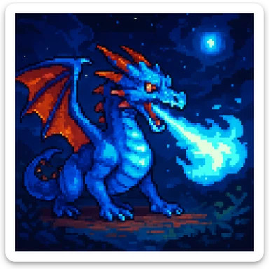 pixel art style dragon breathing blue fire from its mouth, animated, with a different background sticker