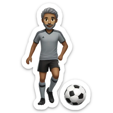 boy in gray soccer uniform and black shorts with gray beard  and hair kicking a soccer ball sticker