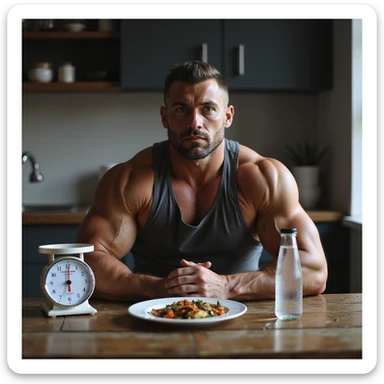 realistic bodybuilder man in sportswear sitting at a table with a kitchen scale, small plate with food, phone with app and text 'Dieta ipocalorica'. Serious expression, supplements and water in the background. Realistic style. sticker