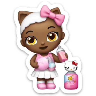 Hello kitty holding a baby bottle with coquette  sticker