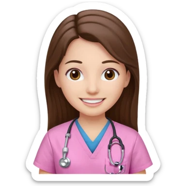 doctor, pink, she, hair brown, eyes black, scrub pink, white skin, longlong hair, smile sticker