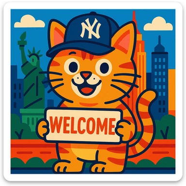 A tabby cat in a Yankees cap holding a welcome sign, New York city vibes, energetic and cute, vibrant toon illustration sticker