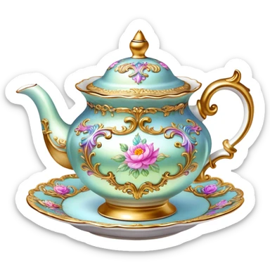 vintage highly detailed rococo iridescent tea cup and pot sticker