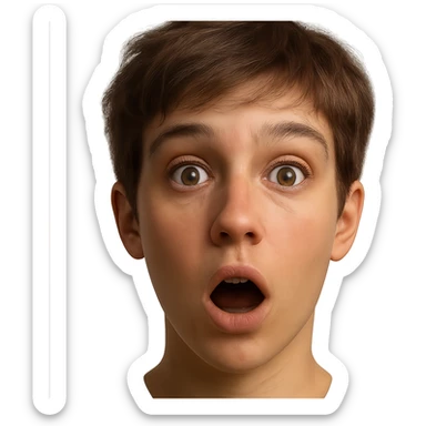 hyper-realistic emoji face of a young person with short tousled brown hair, light skin, surprised expression, detailed skin texture, natural lighting, lifelike eyes, realistic facial features sticker