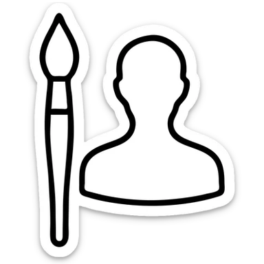 A paintbrush morphing into a polished silver human emblem sculpture silhouette, symbol of artistic identity sticker