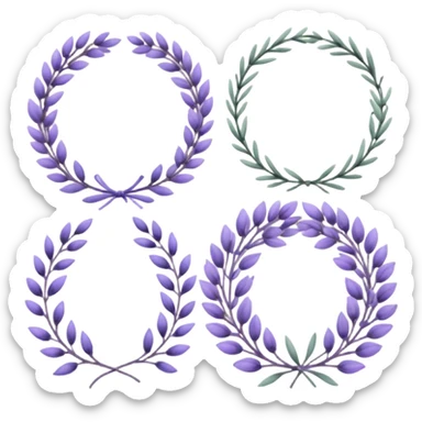 The art style is clean line art with delicate watercolor textures, pastel colors, and a dominant palette of lavender, soft lilac, and muted purple. A set of lavender wreaths, simple flower branches, and delicate frames to border text. sticker
