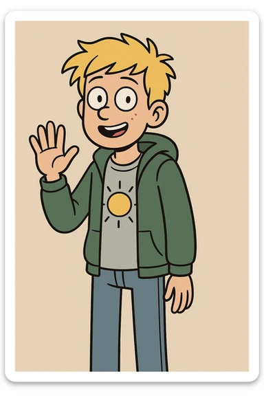 A boy yellow hair grey t-shirt yellow sun green hoodie lights blue jeans a hand hello  sticker