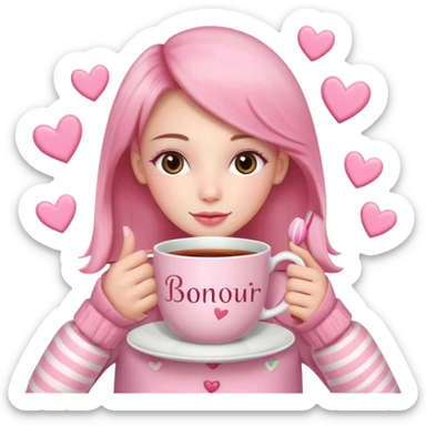 A cozy scene featuring a cup of tea with the word “Bonjour” written on it, adorned with pink tulips, and held by hands wearing pink sleeves. The scene is decorated with pink hearts and candy canes. sticker