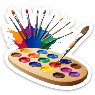 Cinematic Realistic image of a vibrant paint palette and brush, featuring a wooden palette smeared with an array of richly blended colors and a finely detailed brush with soft, delicate bristles, set against a softly textured background that evokes artistic inspiration sticker