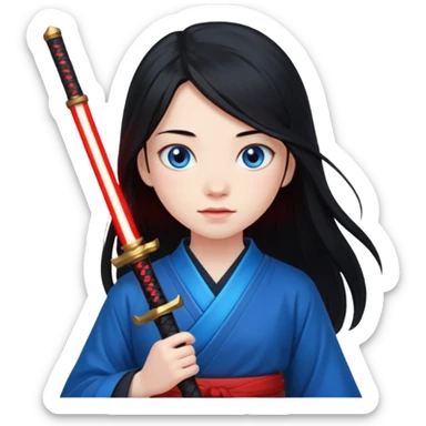 A 14 year old with red glowing katana and his hair be long and eye colour of blur sticker