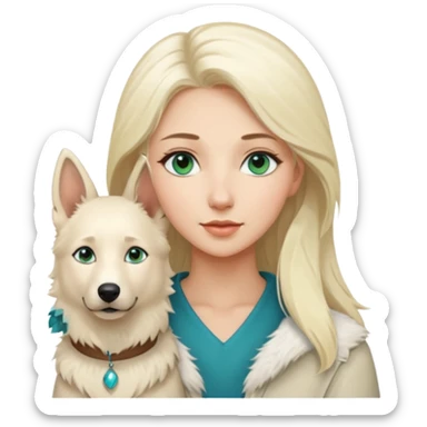 A white blonde Hair Woman with blue Green eyes with a White Shepard with a little bit beige in the fur in a lovely pose  sticker
