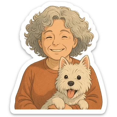 50-year-old woman with silver curly hair, smiling, with a Westie dog, ghibli style sticker
