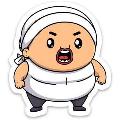 Super extreme tight close-up of just the face of morbidly obese white skin guy with young face, prominent BLACK DURAG tied clearly on head, black beard but no mustache, clean shaven upper lip, black eyes, mouth wide open screaming angrily sticker