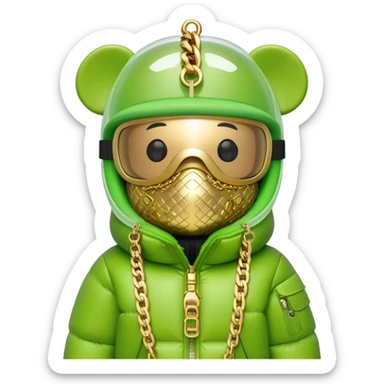 bearbrick toy with lime balaclava tagged with logos, wearing oversized monolens ski-type visor shield covering eyes as one continuous piece, puffer jacket with fur, gold chains sticker