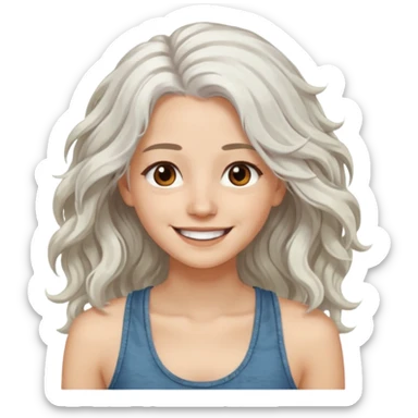 woman with wavy long white hair and brown eyes. smiling in a grunge tanktop sticker