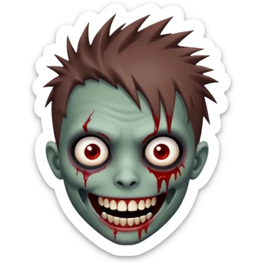 zombie boy with brown emo spiky hair, white skin, and white eyes; an open smile, and bloodied teeth; sticker