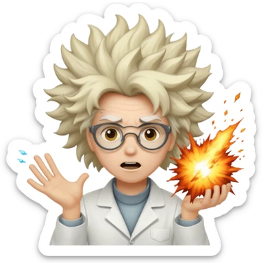 A mad scientist was crazy hair and an explosion sticker