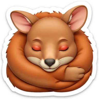 Meme-Worthy Cute Sleeping Kangaroo Portrait Emoji, Head resting peacefully with a contented smile, showcasing a robust build and a luxuriously soft red-orange fur, eyes shut in a serene, restful nap, Simplified yet hilariously adorable features, highly detailed, glowing with a soft, drowsy light, high shine, relaxed and utterly lovable, stylized with an air of playful laziness, bright and heartwarming, soft glowing outline, capturing the essence of a comically sleepy kangaroo, so meme‐worthy it feels like it could instantly become the next viral sensation of adorable slumber! sticker